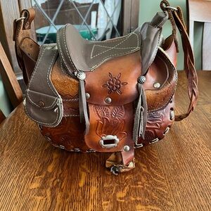 Vintage Brown Leather Saddle Shaped Purse Bag with Floral Design
